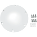 Three round metal plates, each featuring six holes—one in white, one in black, and one in dark gray—are displayed against a white background. These are Universal Derby Covers by Universal, designed to fit 2004-2022 Harley-Davidson Sportster models.