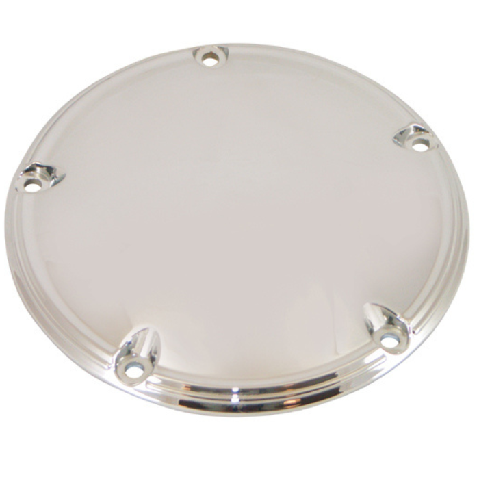 Mid-USA Chrome Clutch Cover for 1999-2018 Harley-Davidson Big Twin, featuring a shiny, round design with five evenly spaced screw holes near the edge, shown on a white background. Ideal as a replacement part.