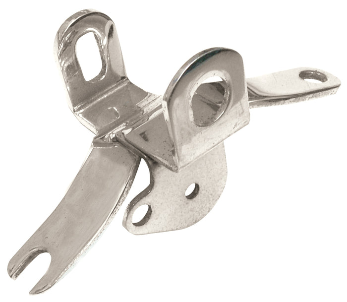 The Mid-USA Top Engine Mount features multiple mounting holes and curved arms, making it an ideal chrome motor mount for Harley-Davidson Panhead or Shovelhead engines in mechanical or structural support applications.