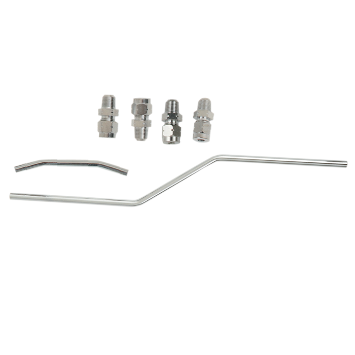 The Mid-USA Rocker Box Oil Line Set for Harley-Davidson Shovelhead includes five metal fittings and a bent chrome pipe, arranged on a white background—perfect for rocker box oil line installations.