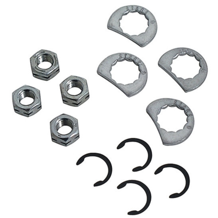Four metal nuts, four tab lock washers, and four retaining rings from the Stage 8 Exhaust Retaining Kit for 1966-2017 Harley-Davidson are arranged in rows on a white background—ideal for securing exhaust nuts.