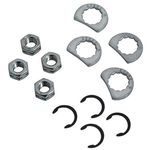 Four metal nuts, four tab lock washers, and four retaining rings from the Stage 8 Exhaust Retaining Kit for 1966-2017 Harley-Davidson are arranged in rows on a white background—ideal for securing exhaust nuts.