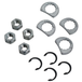 Four metal nuts, four tab lock washers, and four retaining rings from the Stage 8 Exhaust Retaining Kit for 1966-2017 Harley-Davidson are arranged in rows on a white background—ideal for securing exhaust nuts.