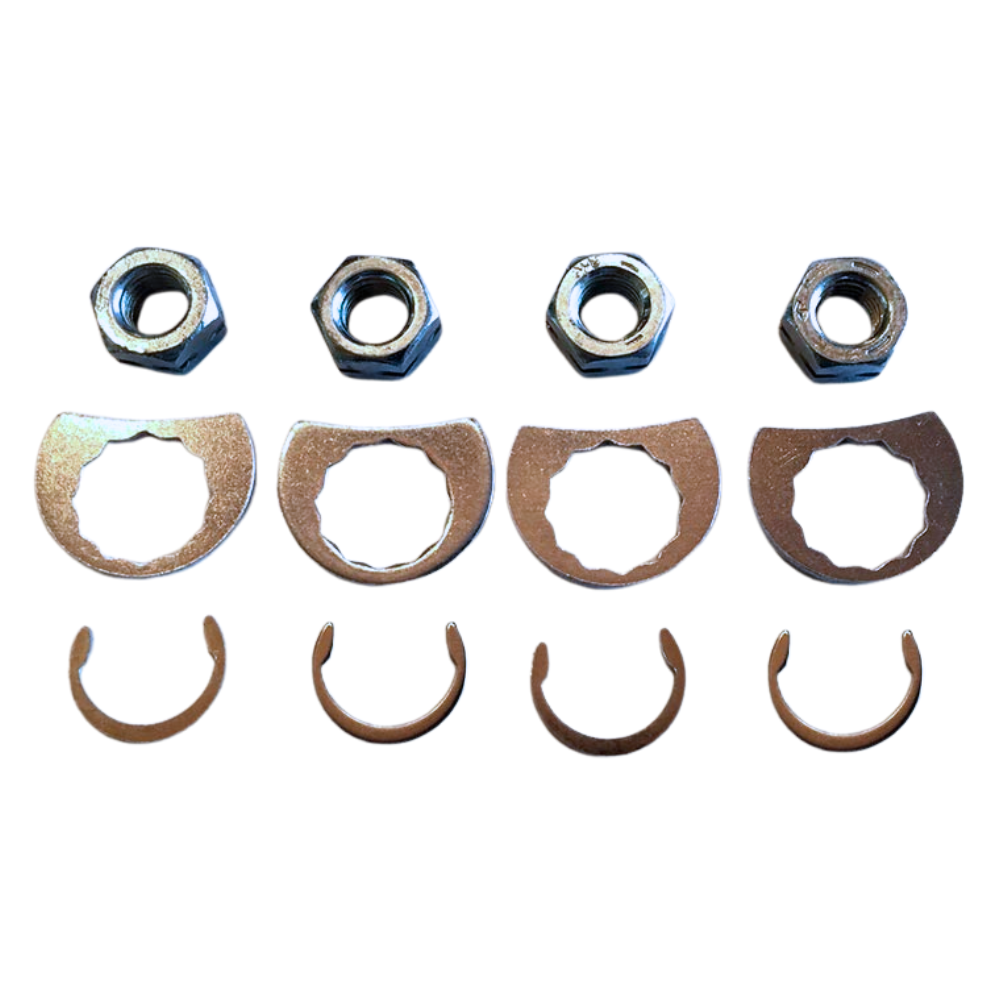 Four metal nuts, four tab lock washers, and four retaining rings from the Stage 8 Exhaust Retaining Kit for 1966-2017 Harley-Davidson are arranged in rows on a white background—ideal for securing exhaust nuts.