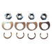 Four metal nuts, four tab lock washers, and four retaining rings from the Stage 8 Exhaust Retaining Kit for 1966-2017 Harley-Davidson are arranged in rows on a white background—ideal for securing exhaust nuts.