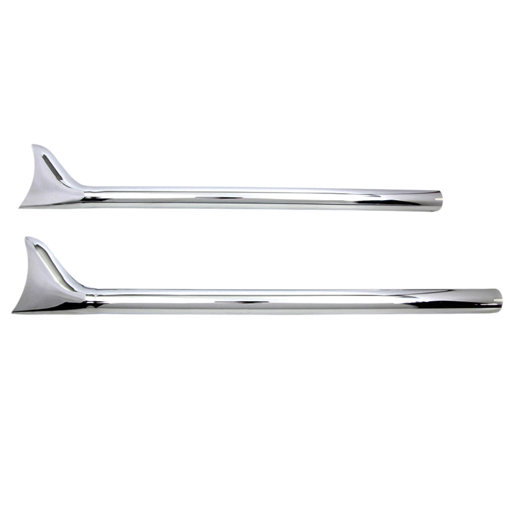 The Mid-USA Chrome Fishtail Extension for 1-3/4" exhaust systems features two pointed chrome side trim moldings, shown parallel on a white background. Ideal as stylish accents. Brand: Mid-USA.