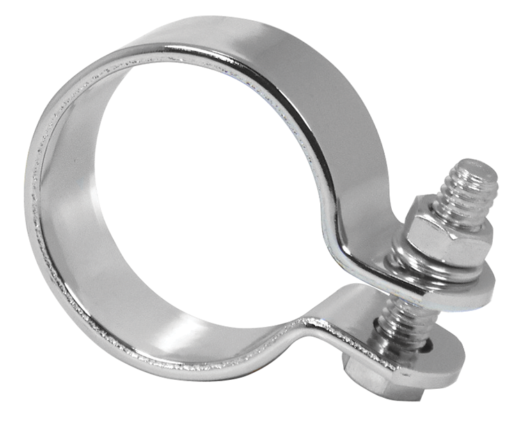The Mid-USA Universal Chrome Exhaust Clamp by Mid-USA features a circular metal band and screw fastener, ideal for securely attaching hoses or pipes.