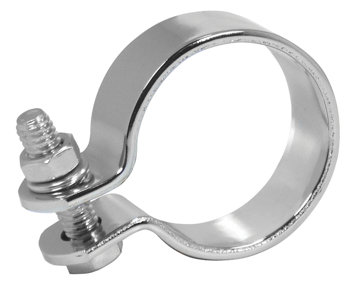 The Mid-USA Universal Chrome Exhaust Clamp by Mid-USA features a circular metal band and screw fastener, ideal for securely attaching hoses or pipes.