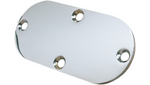 The Drag Specialties Chrome Inspection Cover is oval-shaped and flat, featuring a silver chrome finish with four perimeter holes for mounting screws. It fits FXD, FXST, and FLST models without a shifter hole.