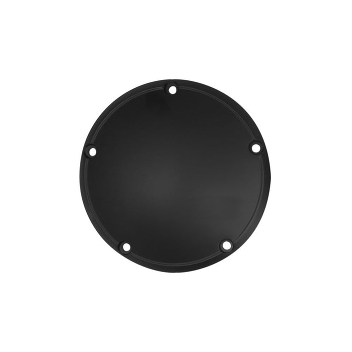 A round Black Derby Cover 1999-2018 Big Twin & Dyna from Drag Specialties on a white background.