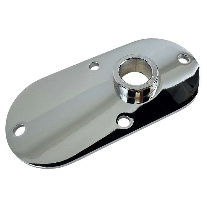 The Moto Iron® Chrome Primary Chain Inspection Cover fits 00-06 FXST/FLST and 99-05 Dyna FXDWG. Features a chrome-plated oval plate with a central raised hole and three smaller mounting holes.