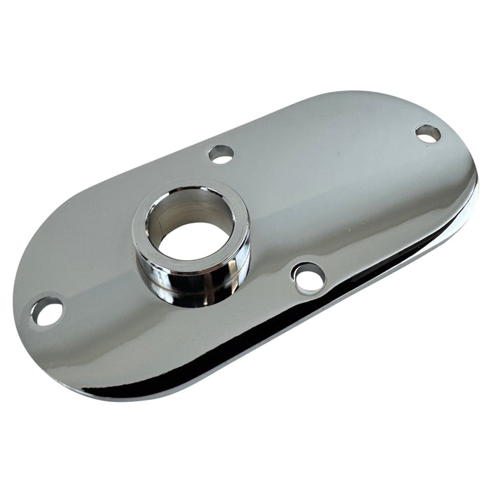 The Moto Iron® Chrome Primary Chain Inspection Cover fits 00-06 FXST/FLST and 99-05 Dyna FXDWG. Features a chrome-plated oval plate with a central raised hole and three smaller mounting holes.