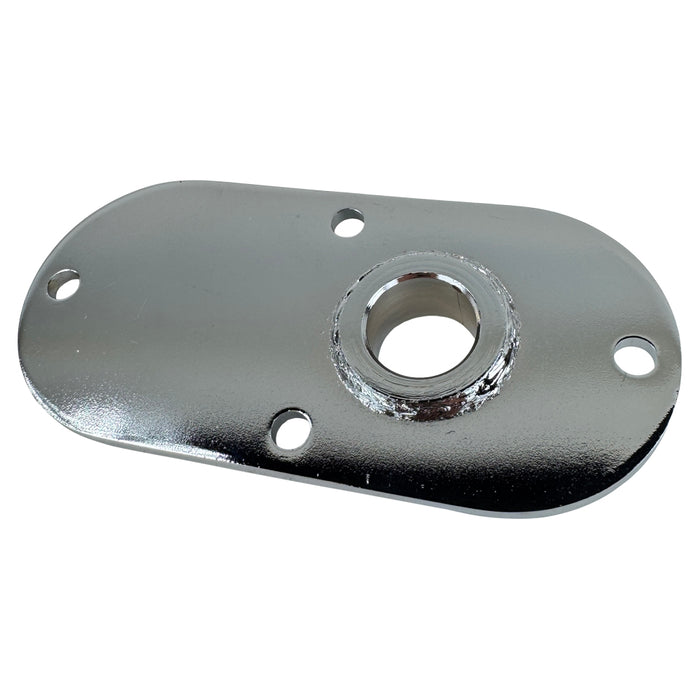 The Moto Iron® Chrome Primary Chain Inspection Cover fits 00-06 FXST/FLST and 99-05 Dyna FXDWG. Features a chrome-plated oval plate with a central raised hole and three smaller mounting holes.