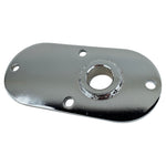 Moto Iron® Primary Chain Inspection Cover for Harley-Davidson Dyna (FXD) 1991-2005, chrome rectangular metal plate with four corner holes and a raised central circular opening, designed for models with mid controls.