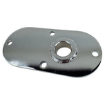 The Moto Iron® Chrome Primary Chain Inspection Cover fits 00-06 FXST/FLST and 99-05 Dyna FXDWG. Features a chrome-plated oval plate with a central raised hole and three smaller mounting holes.