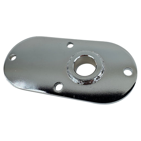 The Moto Iron® Chrome Primary Chain Inspection Cover fits 00-06 FXST/FLST and 99-05 Dyna FXDWG. Features a chrome-plated oval plate with a central raised hole and three smaller mounting holes.