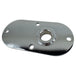The Moto Iron® Chrome Primary Chain Inspection Cover fits 00-06 FXST/FLST and 99-05 Dyna FXDWG. Features a chrome-plated oval plate with a central raised hole and three smaller mounting holes.