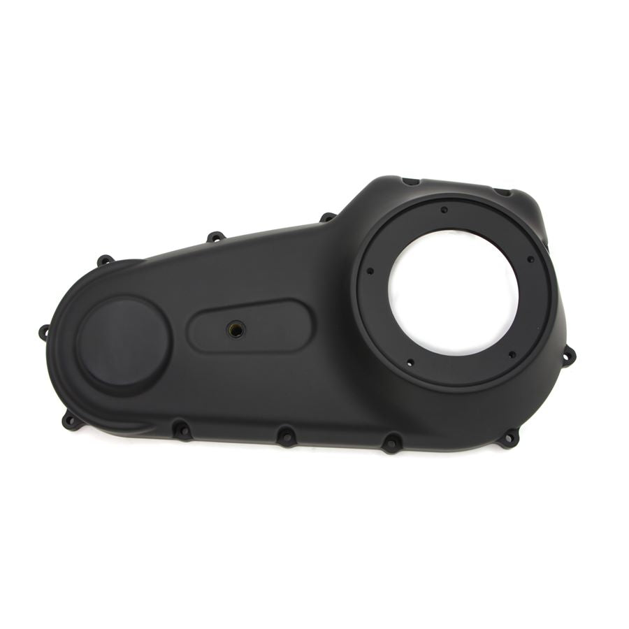 A Wyatt Gatling Black Primary Cover 2007-2017 Dyna for a motorcycle engine that provides a smooth flat black powder coat finish, suitable for DYNA models.