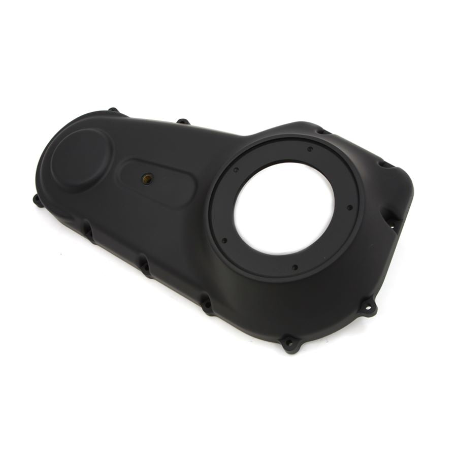 A Wyatt Gatling Black Primary Cover 2007-2017 Dyna, with a smooth flat black powder coat finish. This cover is specifically designed for DYNA models.