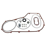 The Moto Iron® Complete Primary Gasket Kit for Harley-Davidson Dyna and Softail includes gaskets, seals, washers, and hardware, all neatly arranged on a white background.
