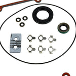 The Moto Iron® Complete Primary Gasket Kit for Harley-Davidson Dyna and Softail includes gaskets, seals, washers, and hardware, all neatly arranged on a white background.