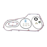 Moto Iron Complete Primary Gasket Kit for Harley-Davidson Dyna and Softail by Moto Iron, shown on a white background with included gaskets, seals, o-rings, and hardware.
