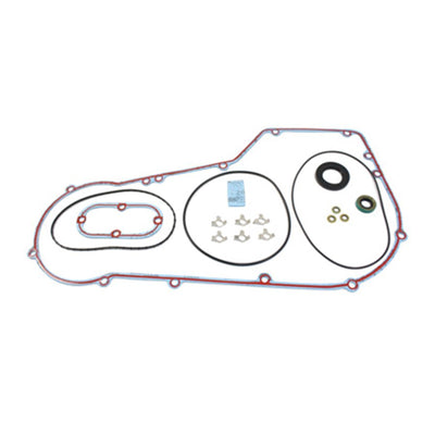 Moto Iron Complete Primary Gasket Kit for Harley-Davidson Dyna and Softail by Moto Iron, shown on a white background with included gaskets, seals, o-rings, and hardware.