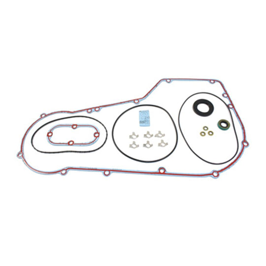 Moto Iron Complete Primary Gasket Kit for Harley-Davidson Dyna and Softail by Moto Iron, shown on a white background with included gaskets, seals, o-rings, and hardware.