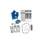 An S&S Cycle Complete Camchest Kit for 2017-Up Harley-Davidson M8 (Air/Oil Cooled Only) with blue anodized parts, sealant tubes, an S&S 475 cam, bolts, and hardware displayed on a white background.