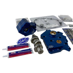 An S&S Cycle Complete Camchest Kit for 2017-Up Harley-Davidson M8 (Air/Oil Cooled Only) with blue anodized parts, sealant tubes, an S&S 475 cam, bolts, and hardware displayed on a white background.