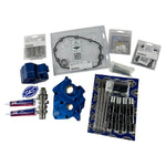 An S&S Cycle Complete Camchest Kit for 2017-Up Harley-Davidson M8 (Air/Oil Cooled Only) with blue anodized parts, sealant tubes, an S&S 475 cam, bolts, and hardware displayed on a white background.