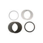 Three sets of circular metal and Kevlar clutch plates from the Barnett Clutch Kit for 1990-1997 Harley-Davidson Big Twin and 1991-2022 Sportster, in various colors and textures, are displayed on a white background.