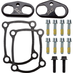 Two black S&S Cycle metal plates, labeled "F" and "R," each with two large holes and a central mounting hole, are tappet cuffs designed for precise alignment in 2017-up Harley-Davidson Big Twin engines.