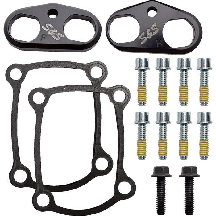 Two black S&S Cycle metal plates, labeled "F" and "R," each with two large holes and a central mounting hole, are tappet cuffs designed for precise alignment in 2017-up Harley-Davidson Big Twin engines.