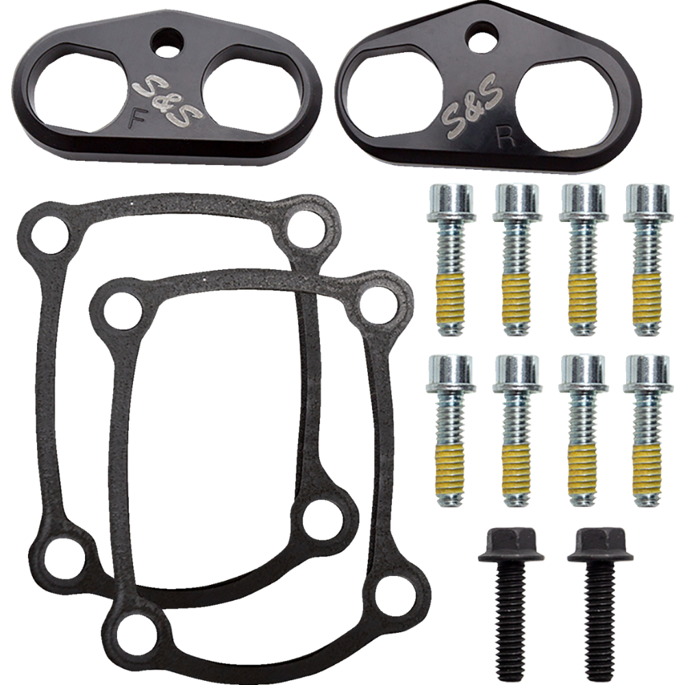 Two black S&S Cycle metal plates, labeled "F" and "R," each with two large holes and a central mounting hole, are tappet cuffs designed for precise alignment in 2017-up Harley-Davidson Big Twin engines.