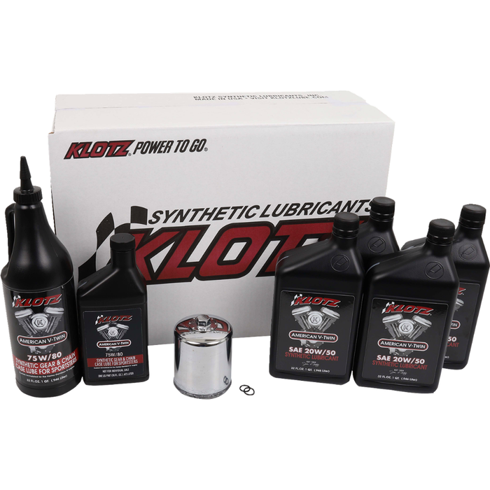 The Klotz Complete Fluid Exchange Kit for Harley-Davidson Evolution Sportster includes oil, gear lube, an oil filter, and more—everything you need for your next Sportster oil change.