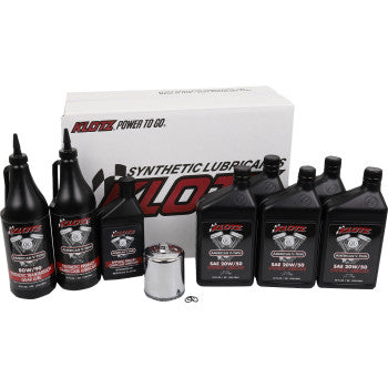 The Klotz Complete Fluid Exchange ("All Three Holes") Kit for Harley-Davidson Evolution Big Twin includes six bottles of synthetic engine lubricant, an oil filter, and two O-rings—perfect for a full fluid change—displayed in front.