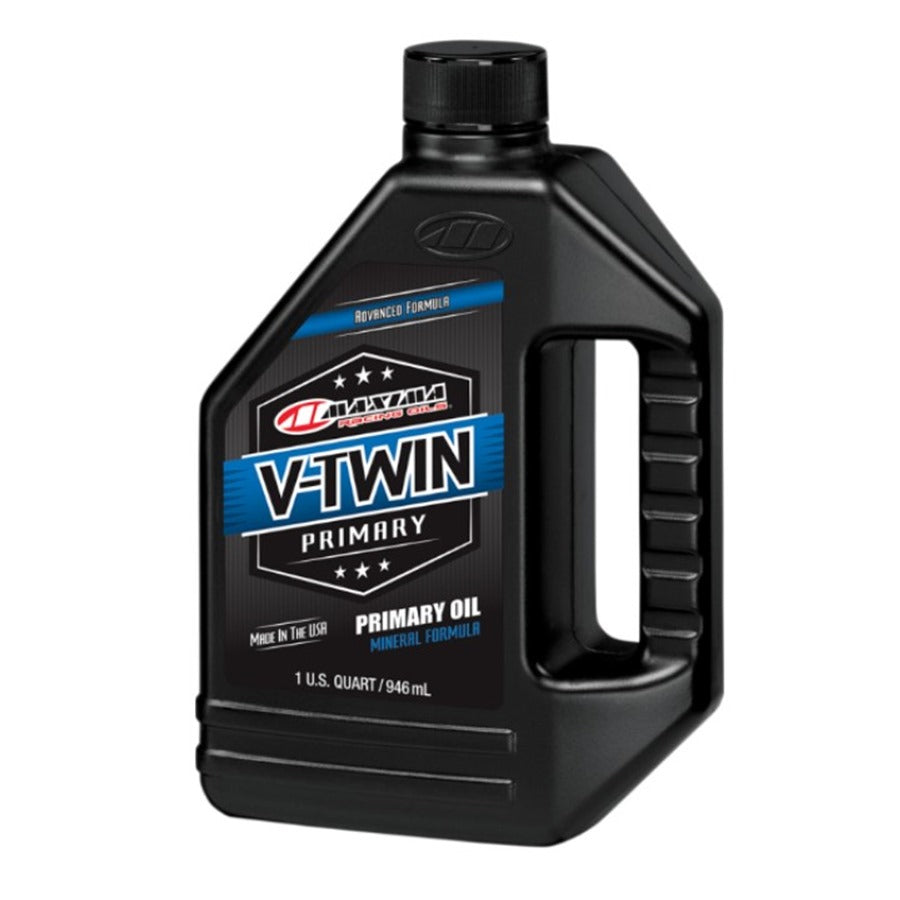 A bottle of Maxima V-Twin Primary Drive Oil - 1 U.S. quart on a white background.
