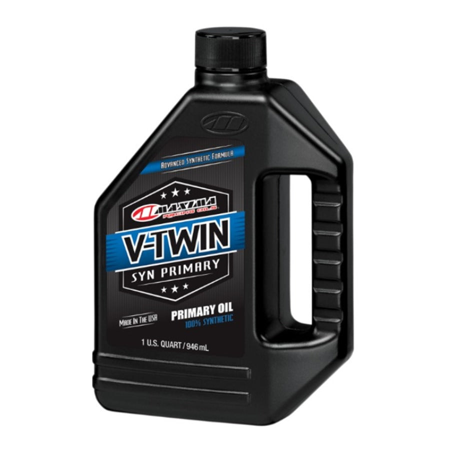 A bottle of high-performance Maxima V-Twin synthetic oil on a white background.