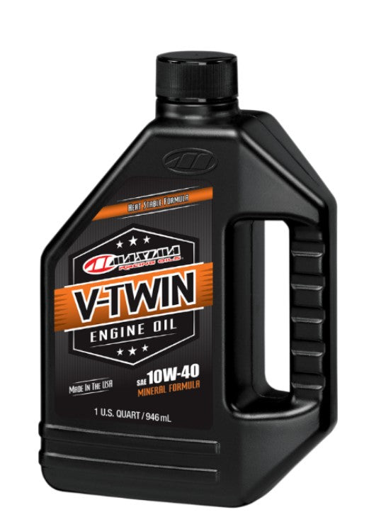 A bottle of Maxima V-Twin Oil - 10W-40 - 1 U.S. quart.