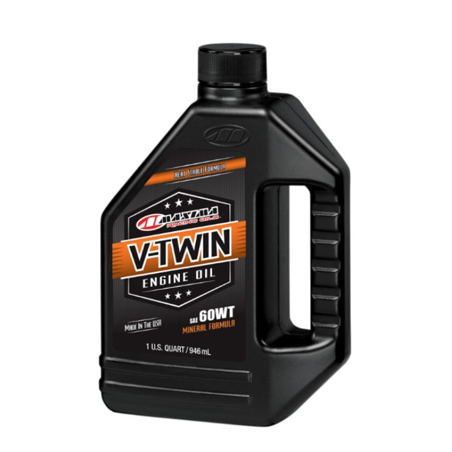 A bottle of Maxima V-Twin Oil - 60wt - 1 U.S. quart Pre-Evolution V-Twin Mineral Engine Oil on a white background.