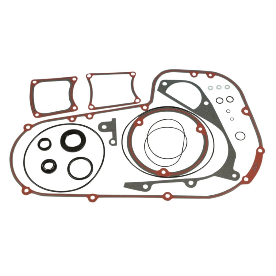 Assorted James Gaskets Primary Gasket Kit for 85-93 Big Twin engine gaskets displayed on a white background.