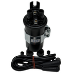 The Moto Iron® Big Twin High Performance Round Coil with Wires (fits 65-79) in black, featuring a metal bracket and red tie-bound connector cables, ensures optimal efficiency.