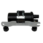 The Moto Iron® Big Twin High Performance Round Coil with Wires (fits 65-79) in black, featuring a metal bracket and red tie-bound connector cables, ensures optimal efficiency.