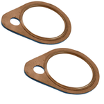 A stack of Moto Iron® Exhaust Gaskets for Harley-Davidson Big Twin 1966–1984, with circular and oval shapes and multiple holes, is arranged in an overlapping pattern on a white background.