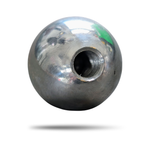 The Pangor Cycles Mini Shift Knob, a polished aluminum piece with a threaded hole, is shown next to a curved, perforated metal strip—both isolated on a white background.