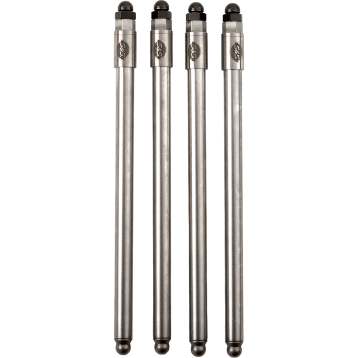 Four S&S Cycle Quickee Adjustable Pushrods for 1999-Up Big Twin and 1991-2022 Sportster are standing upright in a row against a white background.
