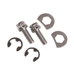 Two metal bolts, hex lock washers, and retaining clips from the Stage 8 Locking Exhaust Fastener Kit for 1966-1984 Harley-Davidson Big Twin—perfect for reliable exhaust stud repairs.