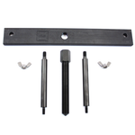 Wyatt Gatling Clutch Hub Spring Compressor for 1971-1984 Harley-Davidson Ironhead—black metal tool set with flat bar, central bolt, two rods, and wing nuts—by Wyatt Gatling, displayed on a white background.