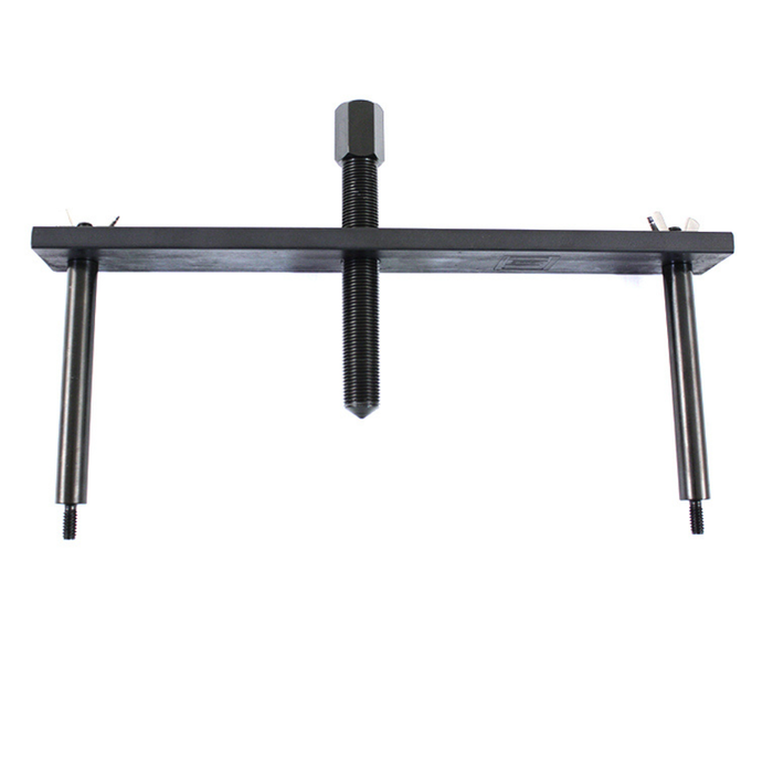 Wyatt Gatling Clutch Hub Spring Compressor for 1971-1984 Harley-Davidson Ironhead—black metal tool set with flat bar, central bolt, two rods, and wing nuts—by Wyatt Gatling, displayed on a white background.